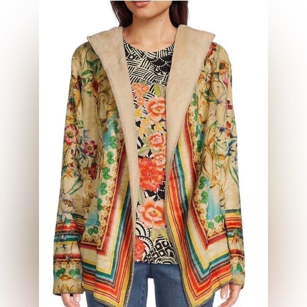 Johnny Was Felix Cozy Sherpa Topper Hoodie Jacket Floral Southwest Dessert XS